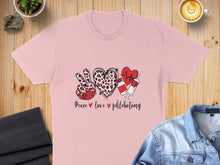 Load image into Gallery viewer, Pink t-shirt with "Peace, Love, Phlebotomy" text and heart, syringe, and electrocardiogram graphics.