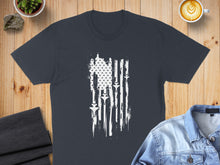 Load image into Gallery viewer, Dark t-shirt with distressed US flag graphic of fighter jets.