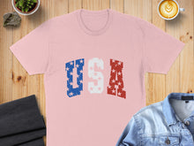 Load image into Gallery viewer, Pink t-shirt with distressed "USA" graphic in red, white, and blue stars.