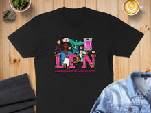 Load image into Gallery viewer, Black t-shirt with "Licensed Practical Nurse" graphic featuring a nurse and medical symbols.