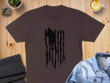 Load image into Gallery viewer, Brown t-shirt with distressed American flag graphic featuring fighter jets.