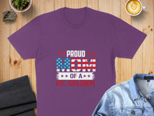 Load image into Gallery viewer, Purple t-shirt with "Proud Mom of a US Soldier" text and American flag design.
