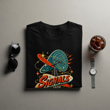Load image into Gallery viewer, Black t-shirt with retro "Signals From" graphic featuring a radio tower and satellite dish.