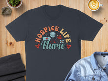 Load image into Gallery viewer, Navy t-shirt with "Hospice Nurse" graphic featuring medical icons and hearts.