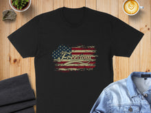Load image into Gallery viewer, Black t-shirt with distressed American flag and "Freedom" text.