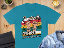 Load image into Gallery viewer, Teal t-shirt with Juneteenth Celebrating black freedom text and chains.