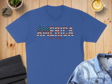 Load image into Gallery viewer, Blue t-shirt with "AMERICA EST. 1776" in stars and stripes design.