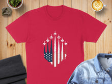 Load image into Gallery viewer, Red t-shirt with US flag and fighter jets in formation.