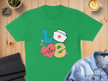 Load image into Gallery viewer, Green t-shirt with "LOVE" design featuring stethoscope, heart, and nurse's hat.