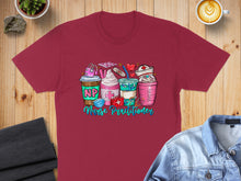Load image into Gallery viewer, Burgundy t-shirt with colorful "Nurse Practitioner" graphic featuring coffee cups and medical symbols.