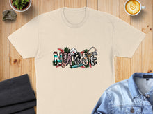 Load image into Gallery viewer, Cream t-shirt with "NURSE" in colorful block letters featuring medical icons.