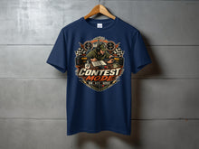 Load image into Gallery viewer, Navy t-shirt with "Contest Mode Run Rate Repeat" graphic featuring a ham radio operator.