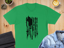 Load image into Gallery viewer, Green t-shirt with distressed American flag design and fighter jets.