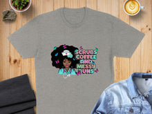 Load image into Gallery viewer, Gray t-shirt with "Scrubs Coffee and Messy Buns" graphic featuring a Black woman.