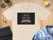Load image into Gallery viewer, Cream t-shirt featuring "EST. 1776 INDEPENDENCE DAY" with American flags.