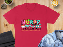 Load image into Gallery viewer, Red t-shirt with "NURSE TIME NURSE TOUR" text and medical icons.