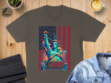 Load image into Gallery viewer, T-shirt with Statue of Liberty graphic and American flag.