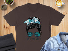 Load image into Gallery viewer, Woman's dark brown messy bun hairstyle with blue bandana and nurse-themed sunglasses.