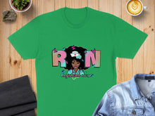 Load image into Gallery viewer, Green t-shirt with "RN Registered nurse" text, a woman's silhouette, and butterflies.
