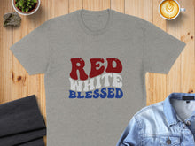 Load image into Gallery viewer, Grey t-shirt with "RED WHITE BLESSED" text in red, white, and blue.