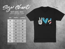 Load image into Gallery viewer, Size chart for Next Level 3600 unisex cotton t-shirt with size, width, and length measurements.