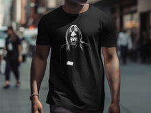 Load image into Gallery viewer, Black T-shirt with Monochrome Graphic of Long-haired Man