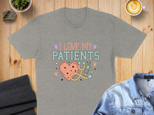 Load image into Gallery viewer, Grey t-shirt with "I Love My Patients" design featuring heart and stethoscope.