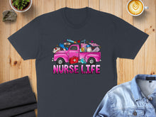 Load image into Gallery viewer, Pink truck with medical supplies and "Nurse Life" text on dark t-shirt.
