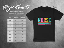 Load image into Gallery viewer, Unisex cotton t-shirt size chart with measurements and a graphic of the word NURSE.