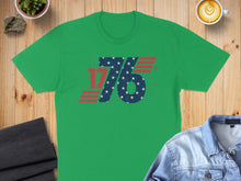 Load image into Gallery viewer, Green t-shirt with red, white, and blue "1776" graphic.