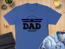 Load image into Gallery viewer, Blue t-shirt with black "DAD" text, star, and checkered pattern.