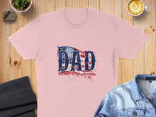 Load image into Gallery viewer, Pink t-shirt with "DAD THE MAN THE MYTH THE LEGEND" text and American flag design.