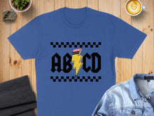 Load image into Gallery viewer, Blue t-shirt with "ABCD" in bold font and a yellow lightning bolt accent.