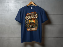 Load image into Gallery viewer, Dark blue t-shirt with vintage radio and microphone graphic, saying "Sorry, I can't. The bands are open."