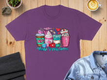 Load image into Gallery viewer, Nurse Practitioner text on a purple t-shirt with coffee cups and medical icons.