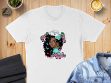 Load image into Gallery viewer, Black Nurse Magic design with a woman in a nurse's cap and butterflies on a white t-shirt.