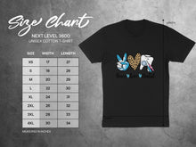 Load image into Gallery viewer, Size chart for Next Level 3600 cotton t-shirt with "Peace love Dental" graphic.