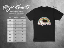Load image into Gallery viewer, Unisex cotton t-shirt size chart with width and length measurements.