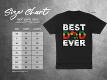 Load image into Gallery viewer, Size chart and graphic t-shirt with "BEST DAD EVER" text.