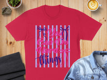 Load image into Gallery viewer, Red t-shirt with pink and blue text and ribbons saying "You Can Do Hard Things".