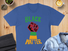 Load image into Gallery viewer, Blue t-shirt with "Black Lives Matter" fist graphic and green and yellow stripes.