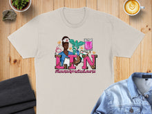 Load image into Gallery viewer, T-shirt featuring a cartoon nurse with medical symbols and "#licensedpracticalnurse".
