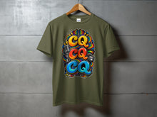 Load image into Gallery viewer, Green t-shirt with colorful "CQ" text, microphone, radio dial, and sound waves.