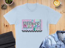 Load image into Gallery viewer, T-shirt with "NURSE" in large letters surrounded by related words and icons.