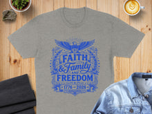 Load image into Gallery viewer, Grey t-shirt with blue graphic "Faith & Family & Freedom 1776-2026".
