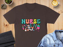Load image into Gallery viewer, Brown t-shirt with "NURSE" in colorful lettering and medical icons.