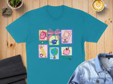 Load image into Gallery viewer, Teal t-shirt with six squares featuring school supplies and bows.
