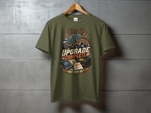 Load image into Gallery viewer, Olive green t-shirt with "Upgrade Complete" graphic featuring radio equipment and a globe.