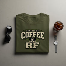 Load image into Gallery viewer, Olive green t-shirt with "Powered by Coffee and RF" graphic.