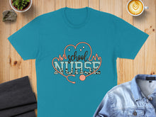 Load image into Gallery viewer, Teal t-shirt with "School Nurse" text and stethoscope graphic.